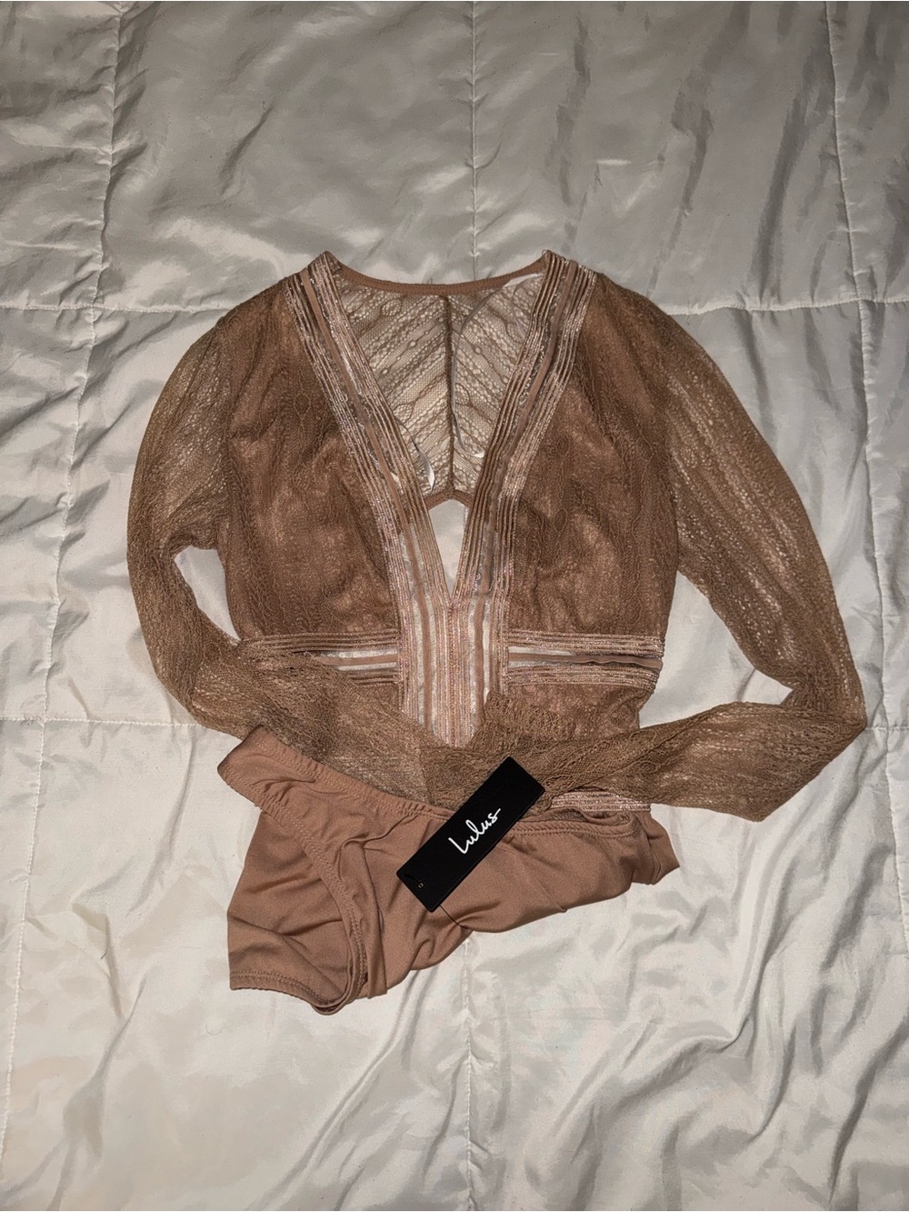 Lulu's blush nude sheer long-sleeve lace bodysuit